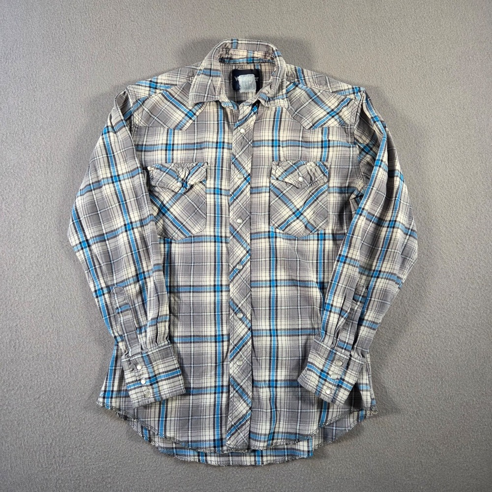 Vintage Wrangler Western Shirt Mens Small Grey Flannel Heavyweight Cotton Pearl